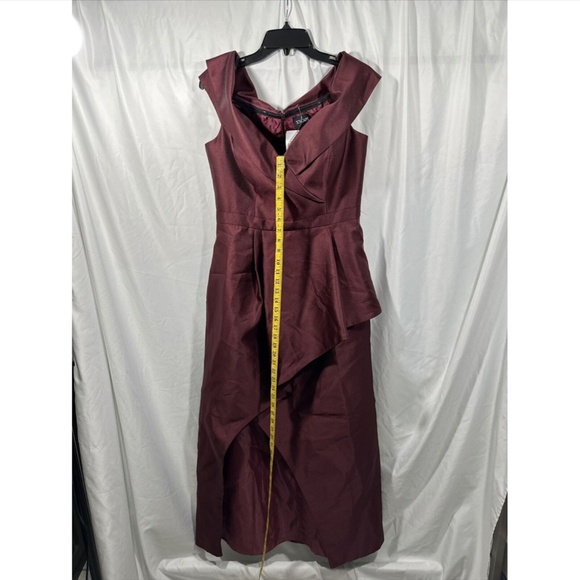 NWT $289 XSCAPE [ 12‎ ] Off Shoulder Draped Asymmetrical Gown in Burgundy - Picture 2 of 13